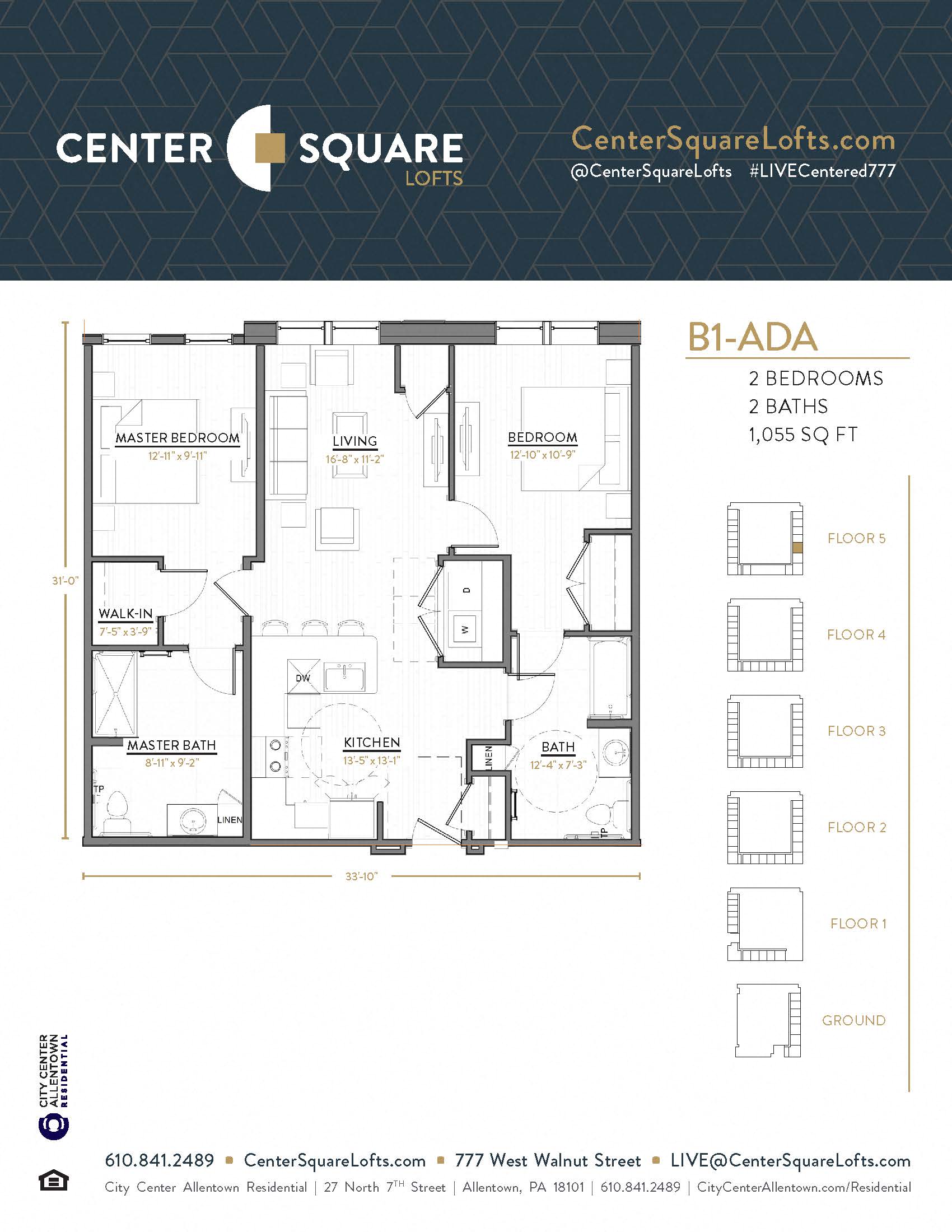 Floor plan for 2 beds, 2 baths, 1055 sqft